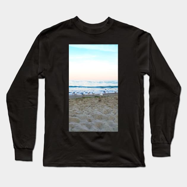 Seagulls sit on the beach Long Sleeve T-Shirt by taya-stdnk